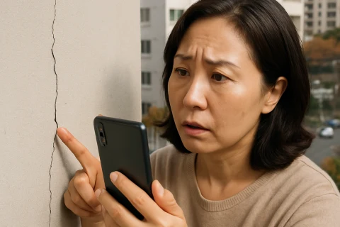 인천 아파트 외벽 균열을 확인하는 입주민 장면