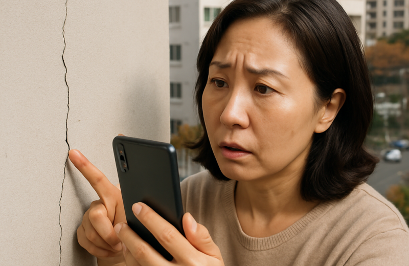 인천 아파트 외벽 균열을 확인하는 입주민 장면