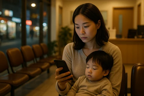 인천 야간진료 병원 찾는 엄마와 아이 대기실 장면