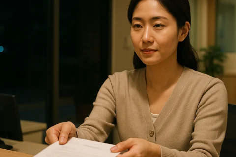 인천 야간 진료 병원 접수 창구에서 서류를 받는 여성
