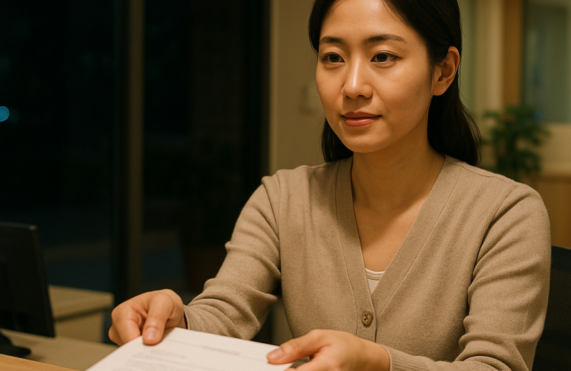 인천 야간 진료 병원 접수 창구에서 서류를 받는 여성
