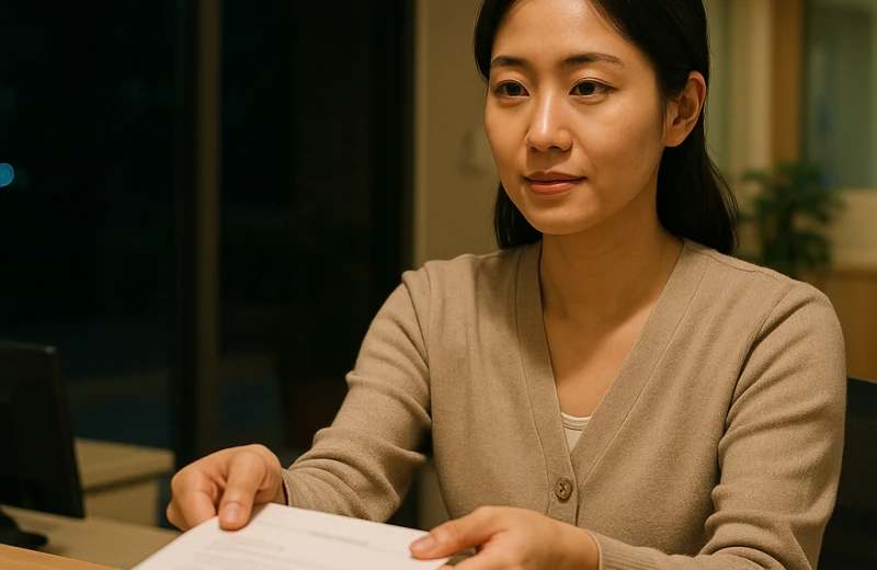 인천 야간 진료 병원 접수 창구에서 서류를 받는 여성