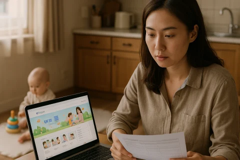 인천 어린이집 입소 신청 서류를 검토하는 엄마와 아기
