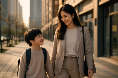 인천 연수구 송도 학원가 도보 이동 중인 학부모와 초등학생 자녀