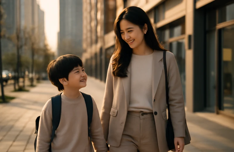 인천 연수구 송도 학원가 도보 이동 중인 학부모와 초등학생 자녀