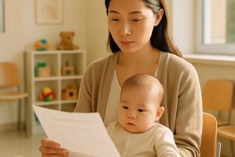 인천 영유아 건강검진 소아과 대기실에서 문진표를 검토하는 엄마와 아기