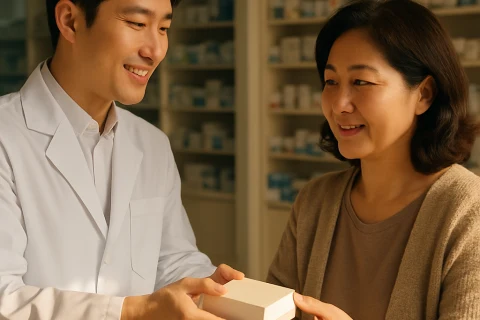 인천 동네 약국에서 약사가 중년 여성 고객에게 약을 건네는 장면