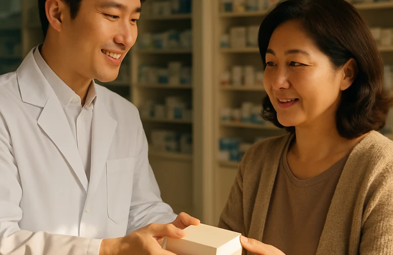 인천 동네 약국에서 약사가 중년 여성 고객에게 약을 건네는 장면