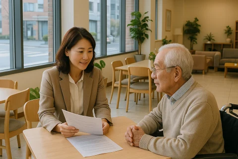 인천 장애인복지관 상담 장면, 사회복지사와 장애인 당사자가 서류를 함께 검토하는 모습