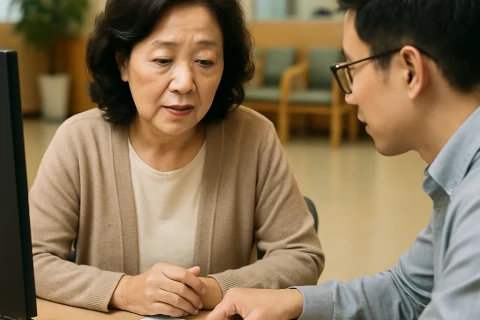인천 복지센터에서 장애인 지원금 신청 서류를 함께 검토하는 상담 장면