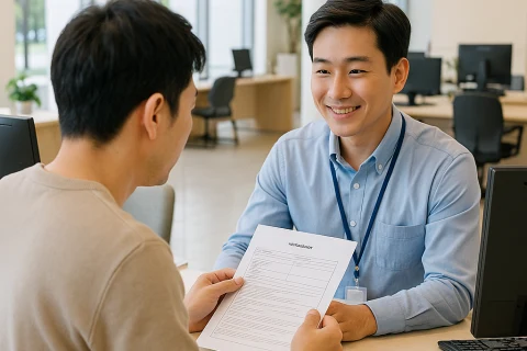 인천 주민센터에서 전입신고 서류를 검토하는 시민 장면