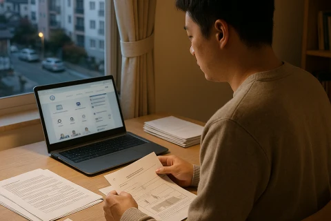 인천 전입신고 온라인 신청을 위해 노트북으로 정부24 화면을 확인하는 장면