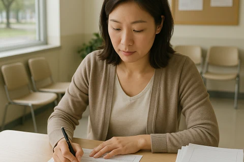 인천 행정복지센터에서 전입신고 서류를 작성하는 여성