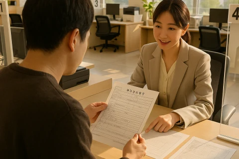 인천 행정복지센터 민원 창구에서 전입신고 서류를 작성하는 장면