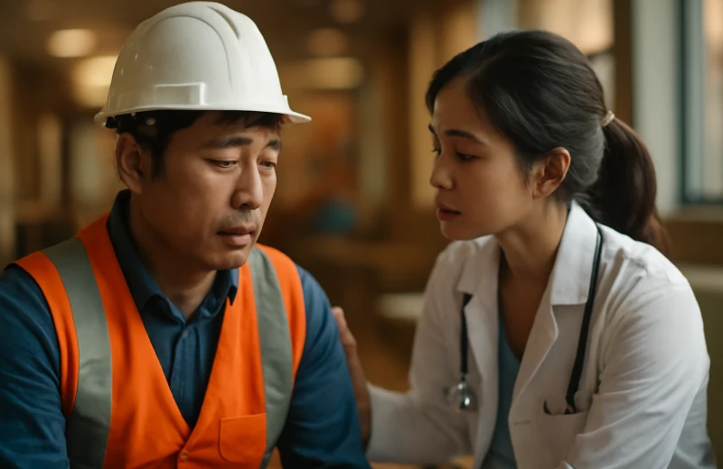 인천 작업장 사고 후 응급실에서 치료받는 노동자와 간호사 장면