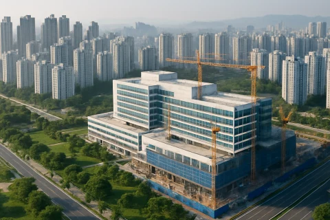 인천 청라국제도시 의료복합단지 건설 현장과 신도시 아파트 전경