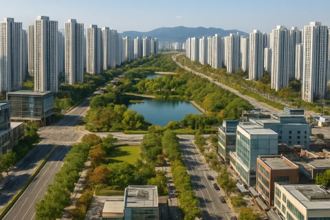 인천 신도시 청라 송도 항공뷰 아파트 단지와 공원 전경