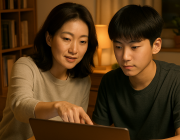 인천 청소년 미디어 리터러시 교육 — 엄마와 아이가 함께 노트북 화면을 보며 정보 출처를 확인하는 장면