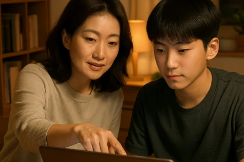 인천 청소년 미디어 리터러시 교육 — 엄마와 아이가 함께 노트북 화면을 보며 정보 출처를 확인하는 장면