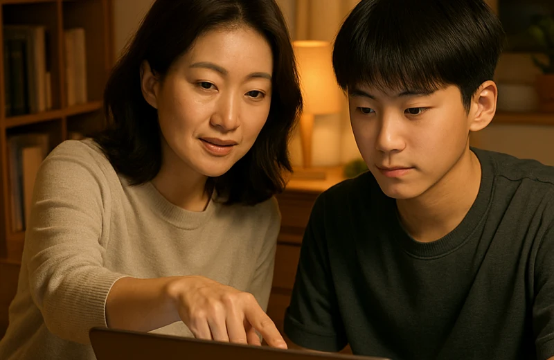 인천 청소년 미디어 리터러시 교육 — 엄마와 아이가 함께 노트북 화면을 보며 정보 출처를 확인하는 장면