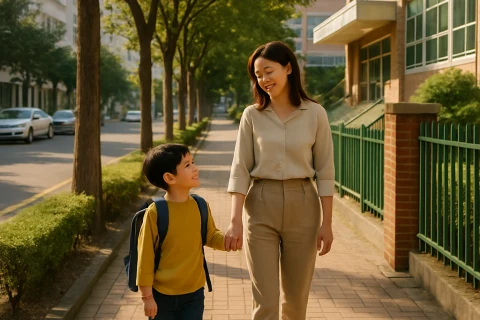 인천 초등학교 통학구역 확인하며 등굣길 걷는 엄마와 아이