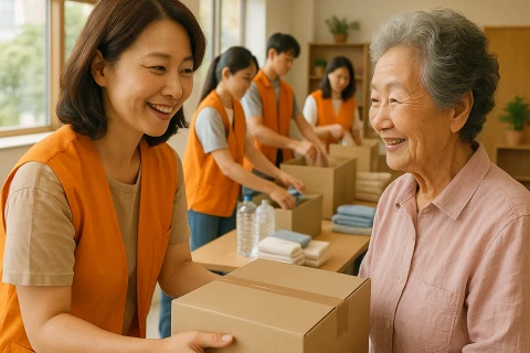 인천 사회복지관에서 여름나기 물품을 전달받는 어르신과 복지사 장면