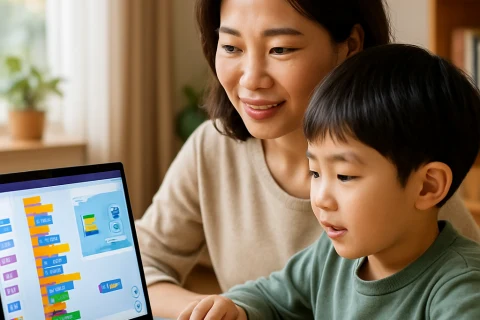 인천 학부모와 아이가 함께 AI 교육 프로그램을 확인하는 장면