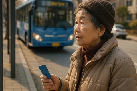 인천 i-실버패스 교통카드를 들고 버스를 기다리는 어르신