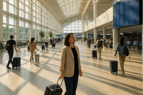 인천공항 터미널 내부 출국장에서 짐을 끌며 항공편 안내판을 확인하는 여성