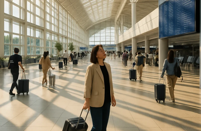 인천공항 터미널 내부 출국장에서 짐을 끌며 항공편 안내판을 확인하는 여성