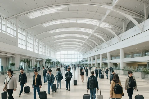 인천공항 2터미널 출국장 내부 모습, 넓고 밝은 공간에 여행객들이 이동하는 장면