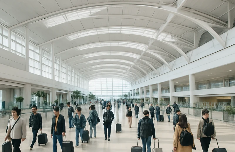 인천공항 2터미널 출국장 내부 모습, 넓고 밝은 공간에 여행객들이 이동하는 장면