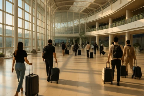 인천공항 출국장 내부 여행객들이 캐리어를 끌고 이동하는 장면