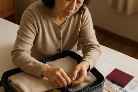 인천공항 미국행 수하물 준비 중 TSA 잠금장치를 여행 가방에 채우는 장면