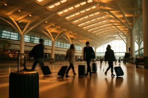 인천공항 출국장 내부 전경과 여행객들이 이동하는 모습