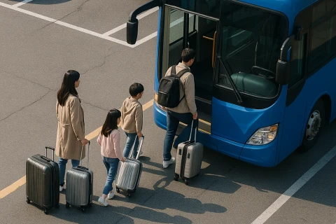 인천공항 장기주차장에서 셔틀버스에 탑승하는 가족 모습