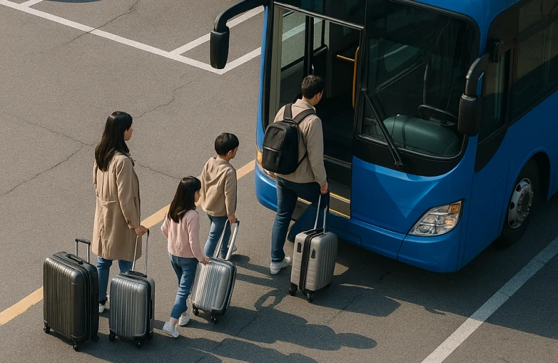 인천공항 장기주차장에서 셔틀버스에 탑승하는 가족 모습