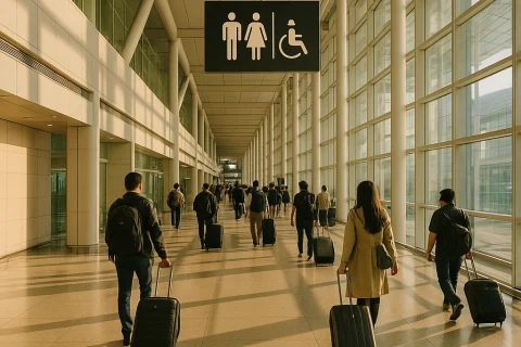 인천공항 터미널 내부 화장실 안내 표지판과 이동하는 승객들