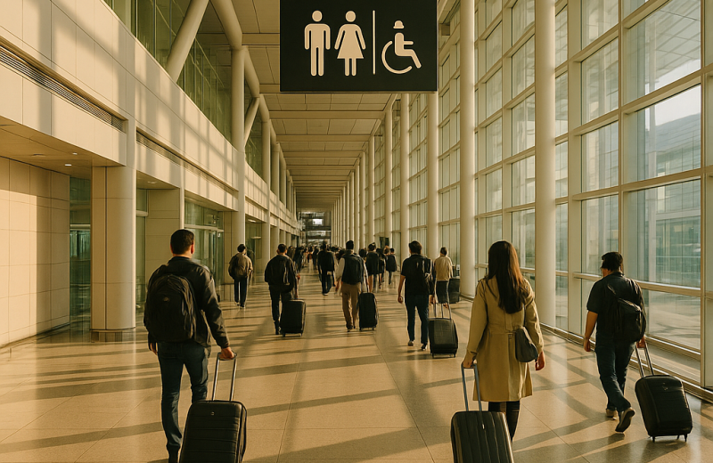인천공항 터미널 내부 화장실 안내 표지판과 이동하는 승객들