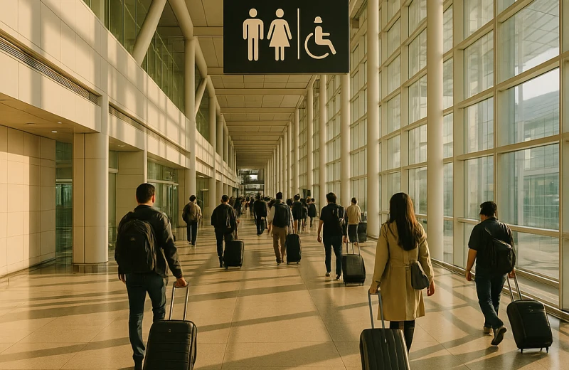 인천공항 터미널 내부 화장실 안내 표지판과 이동하는 승객들