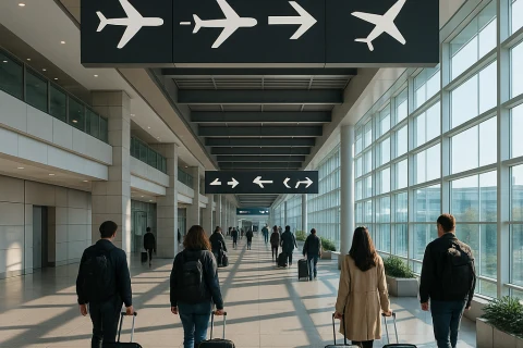 인천공항 환승 통로에서 탑승 게이트 방향으로 이동하는 여행객들