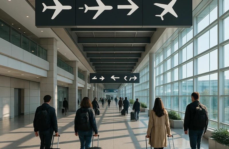 인천공항 환승 통로에서 탑승 게이트 방향으로 이동하는 여행객들