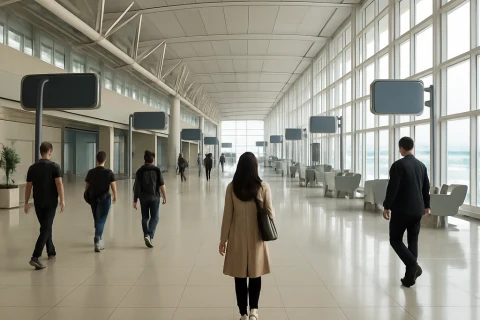 인천공항 출국장에서 수하물 없이 게이트로 이동하는 환승 승객