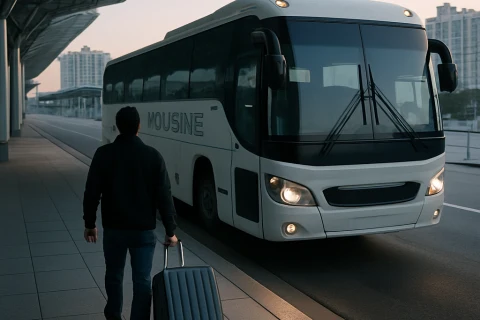 인천공항 공항버스 탑승 장면, 캐리어 끌며 리무진버스 앞에 선 여행객