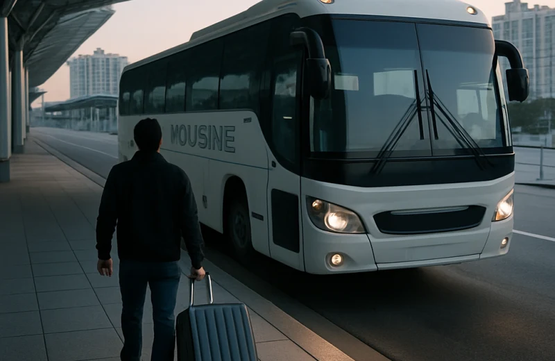 인천공항 공항버스 탑승 장면, 캐리어 끌며 리무진버스 앞에 선 여행객
