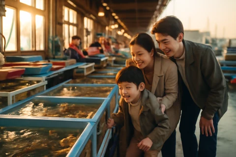 인천 연안부두 회타운 수산시장 활어 수조 앞에서 해산물 고르는 가족