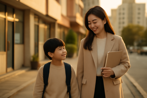 인천 계양구 학원가 학부모와 아이가 함께 걷는 오후 풍경
