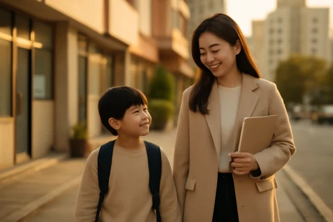 인천 계양구 학원가 학부모와 아이가 함께 걷는 오후 풍경
