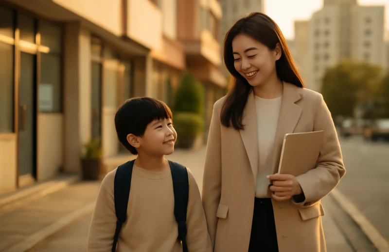 인천 계양구 학원가 학부모와 아이가 함께 걷는 오후 풍경