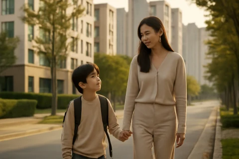 인천 계양구 학군 이사 고민 중인 학부모와 아이가 신도시 주거단지 길을 걷는 모습